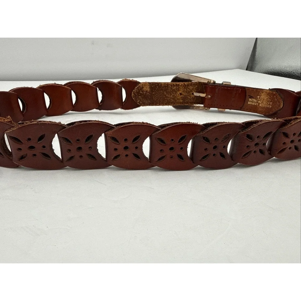 Vtg Y2K Western Ladies Brown Leather Woven Link Belt‎ Silver Buckle Sz M